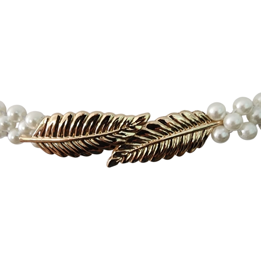 Y2K pearl belt gold leaf buckle white pearl beads vintage elastic expandable - Picture 6 of 14